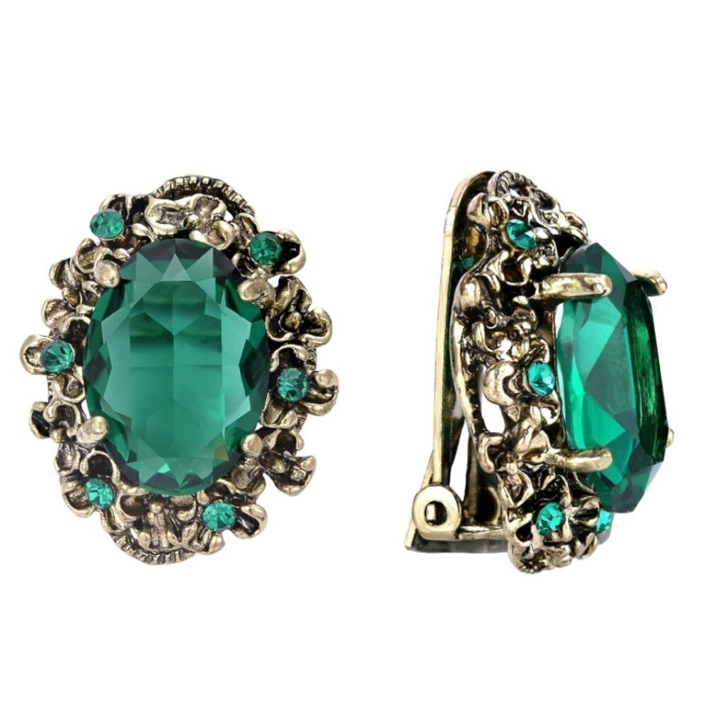 Antique Yellow Gold with Emerald Green Austrian Crystal Cameo Clip On Earrings